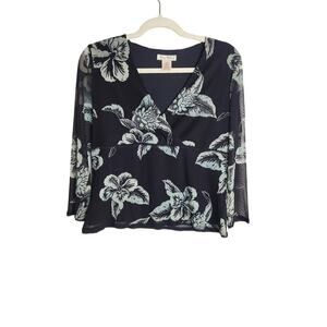 Tommy Bahama silk mesh blouse L lined sheer sleeves palm print Babydoll Y2k Boho